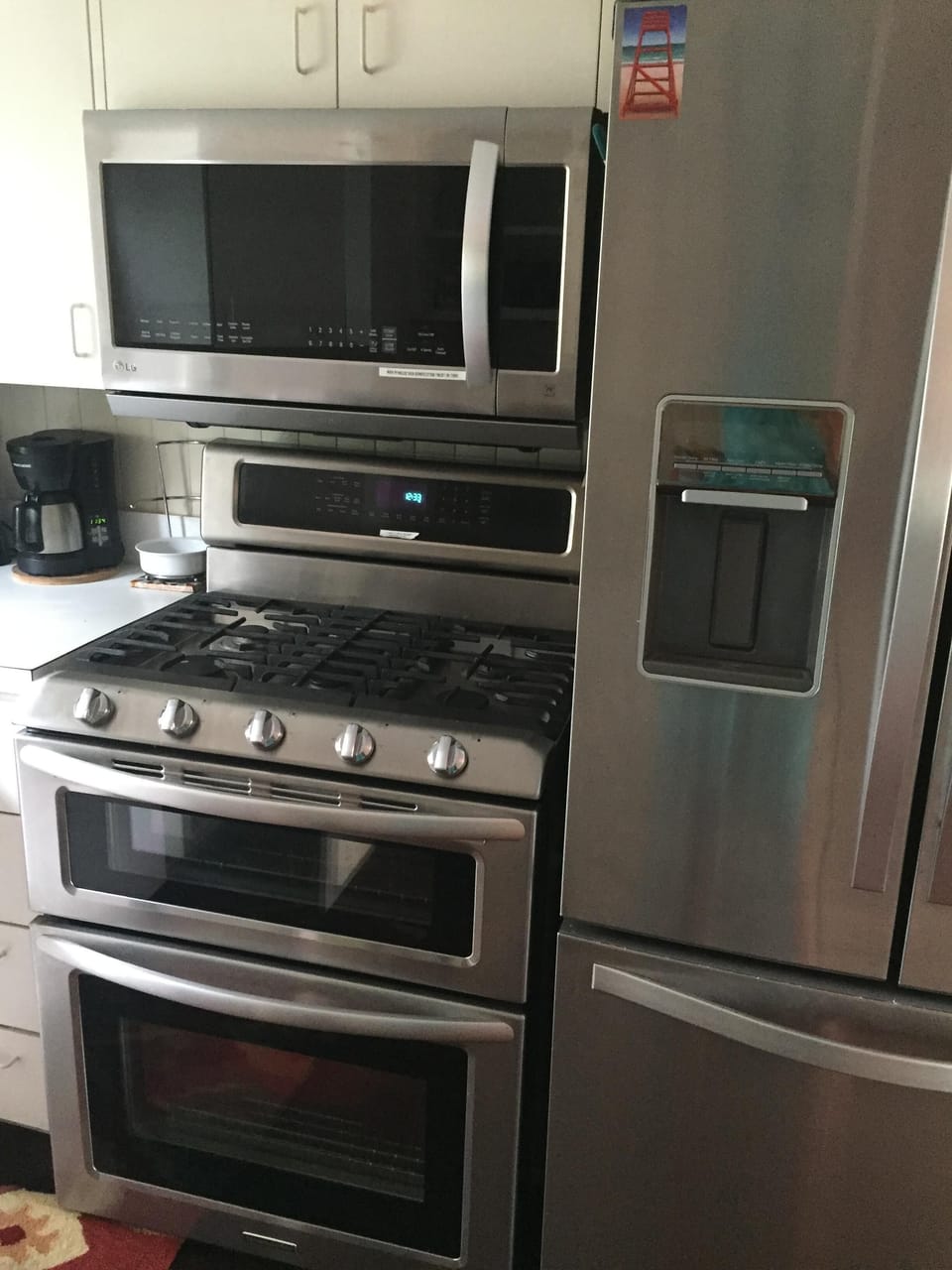 New microwave with slide out exterior exhausting vent, dual fuel double oven.