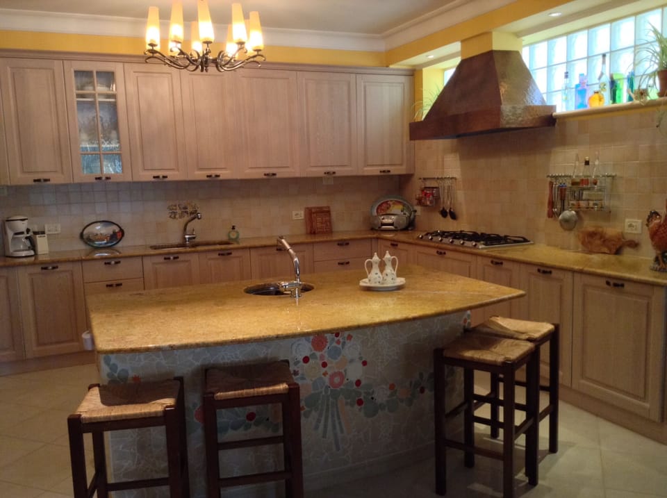 Kitchen and seating island.
