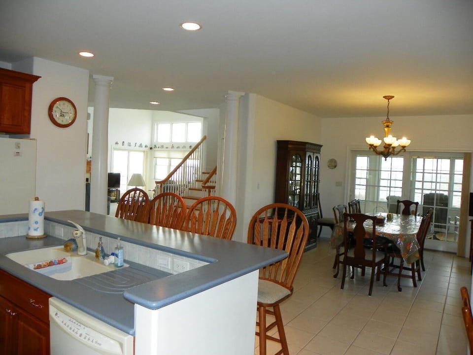 Kitchen view into dining area