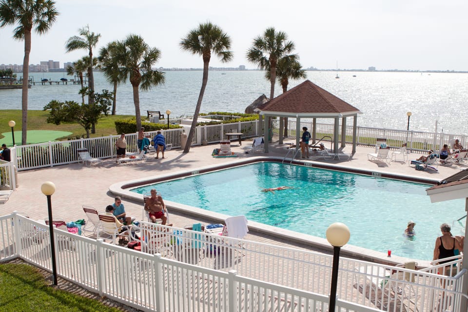 Great view of the Bay and private beach from the heated pool.