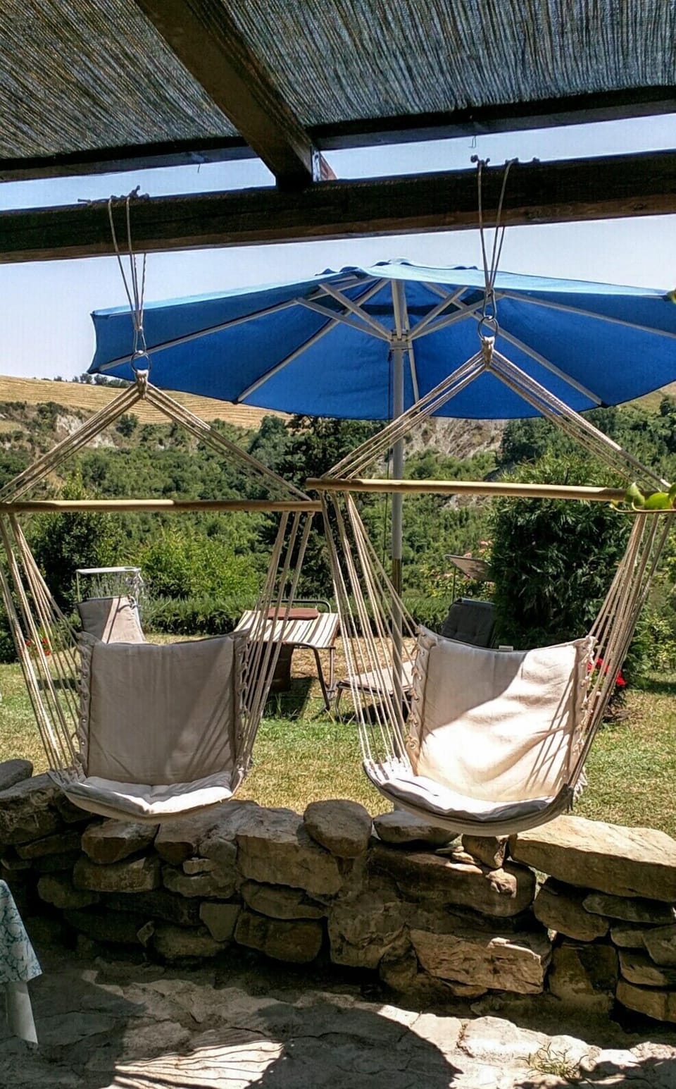 Your backyard has hammocks, lounge aroundchairs and umbrella for your enjoyment