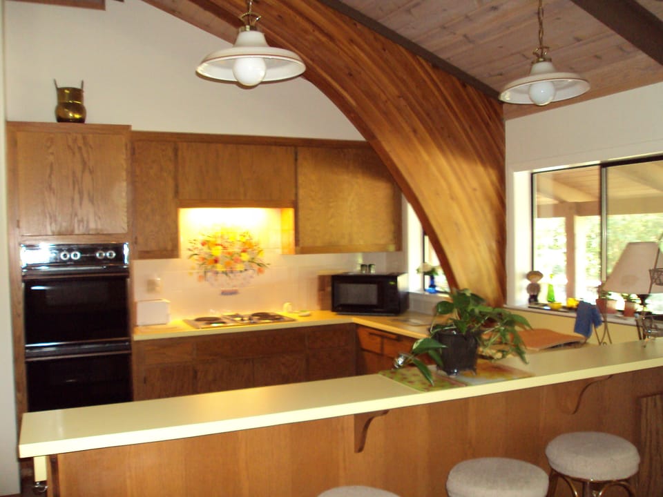 Galley Kitchen:  Breakfast bar and tiled mural.  Direct Patio access.