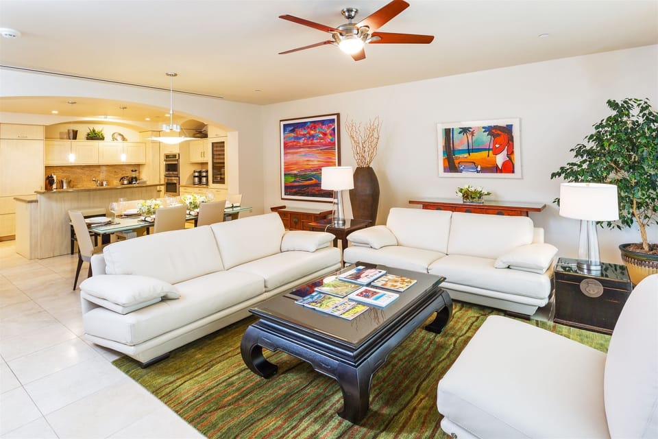 Spacious Ocean View Great Room with Natuzzi Leather Furnishings Natural Wool Rug
