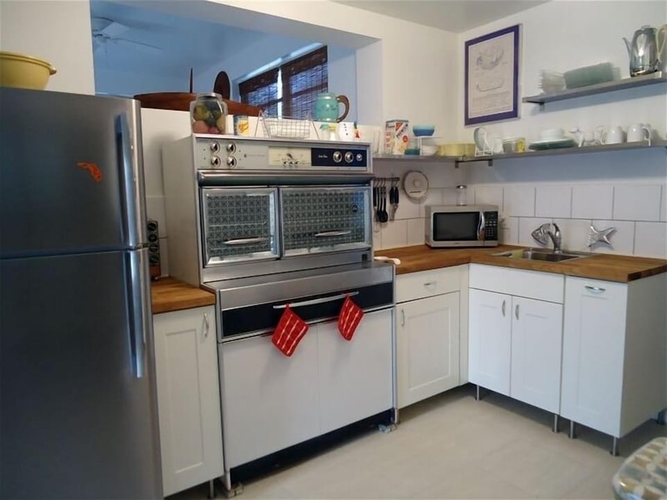Retro kitchen features a vintage stove/oven, and stainless steel appliances.