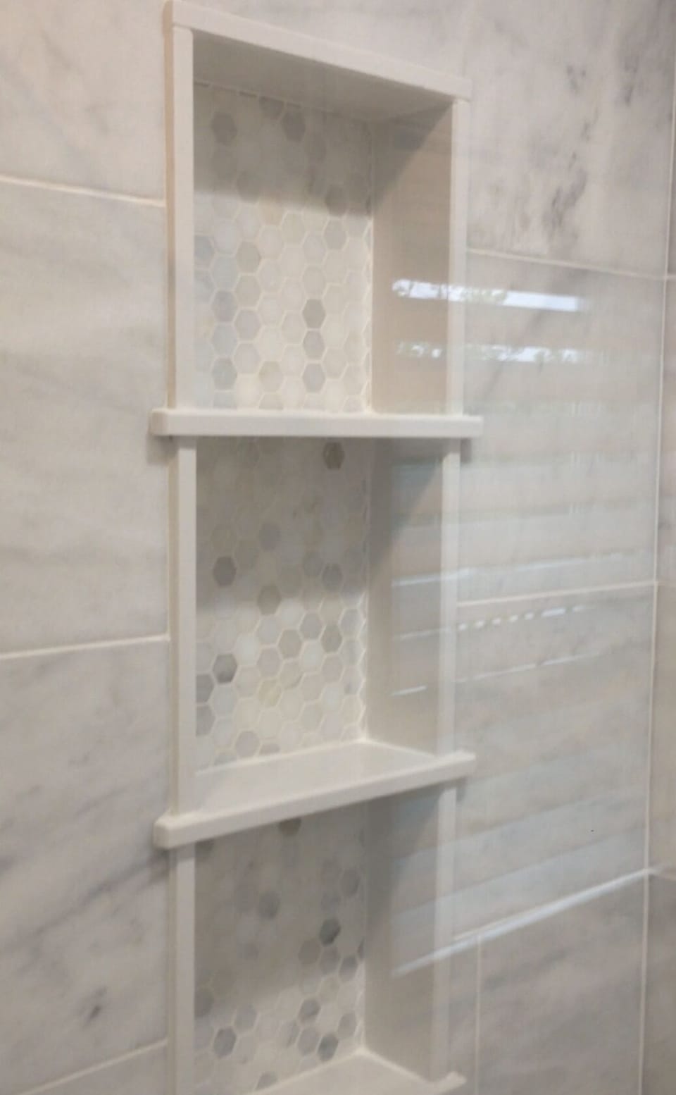 2nd floor bath shower built in shelves