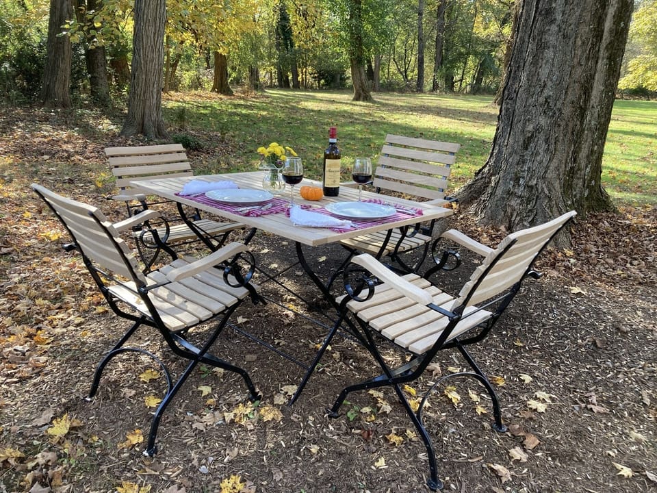 Enjoy alfresco dining at the teak table and chairs under the backyard maple.
