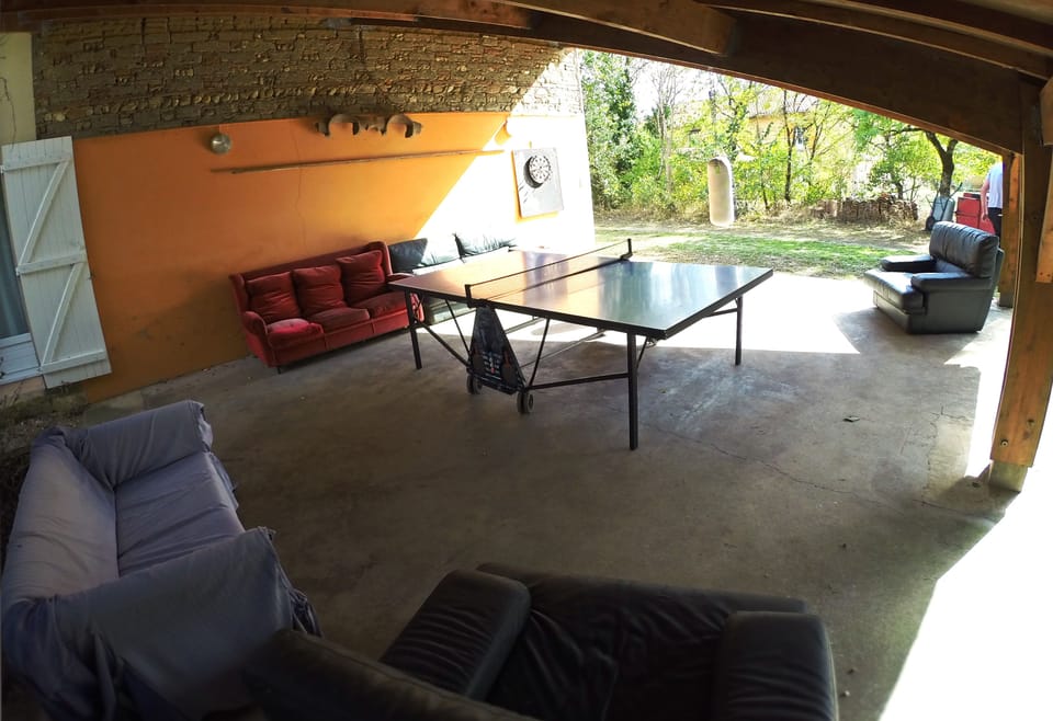 Terrence with ping-pong, darts and trampoline