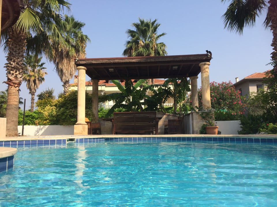 Eating  area from pool. 