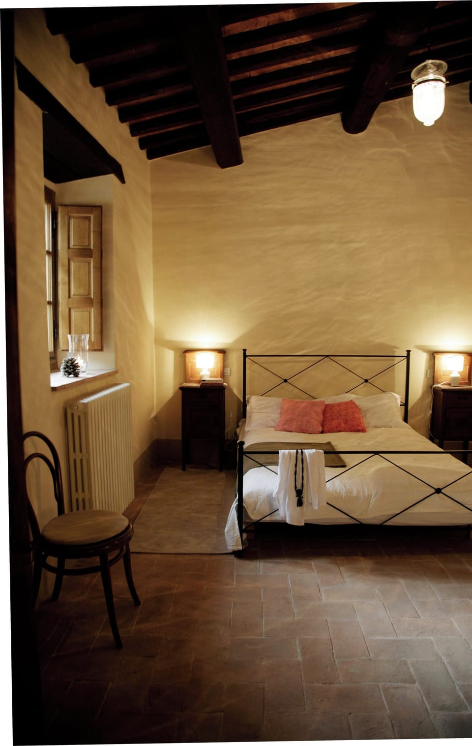 Bedroom 1 with view towards the castle. Castello di Montegiove. Leccino