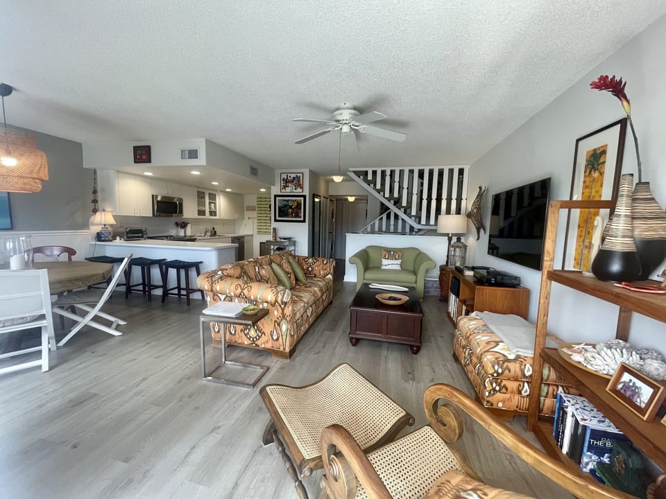 Another view of open living, dining and kitchen area.