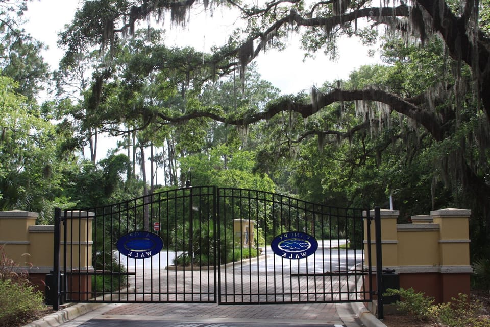 Canopy Walk entrance with the beautiful oak trees that surround the property...