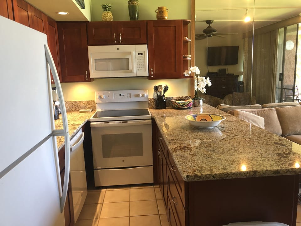 New kitchen appliances including stove, microwave, fridge and dishwasher.