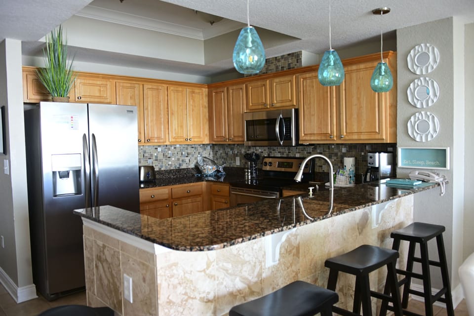 Breakfast bar with new pendant lights.