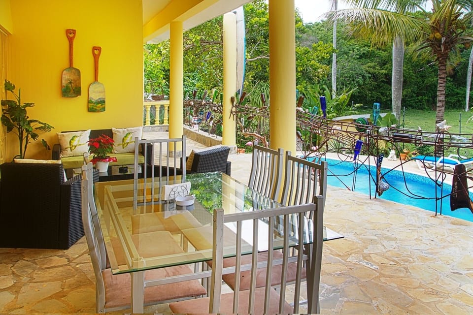 OUTDOOR DINING FOR 6 UNDER COVERED TERRACE, BLINDS TO SCROLL DOWN BY RAIN/WIND
