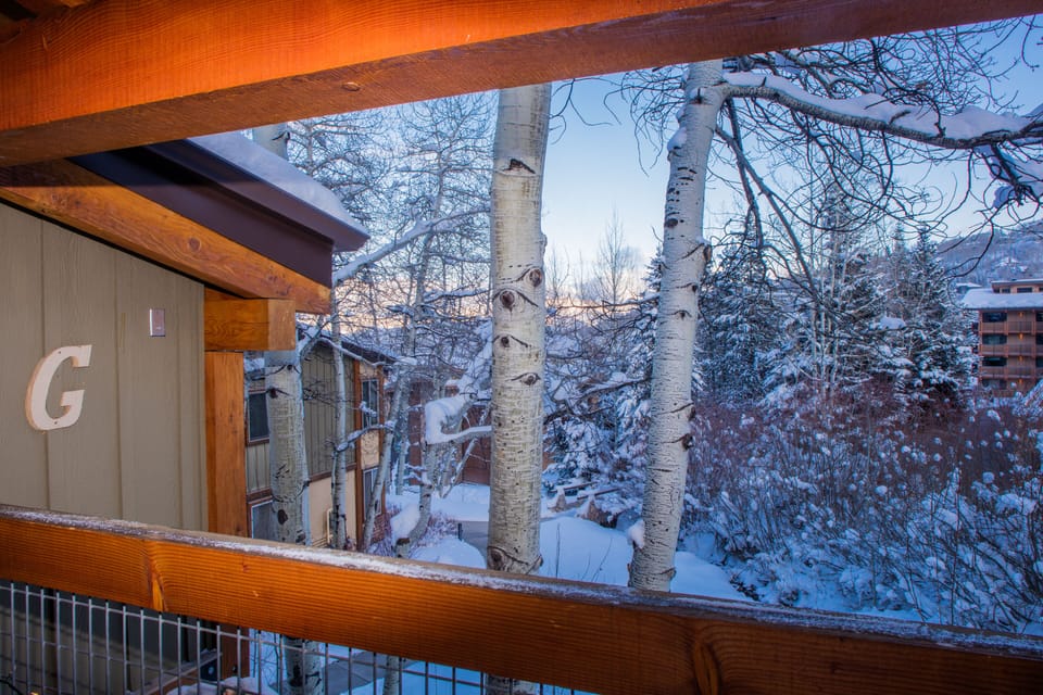 Upper deck with view toward ski slope.