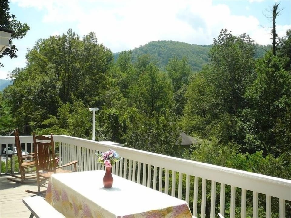 View of the mountains and many colorful trees, from the main floor balcony