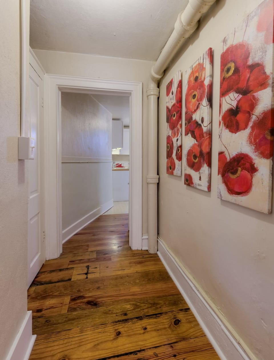 The hallway to the kitchen has the same wide plank warehouse wood  floors