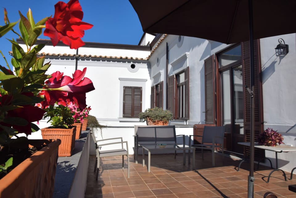 Terrazzo a livello attrezzato tavolo da pranzo e divanetti