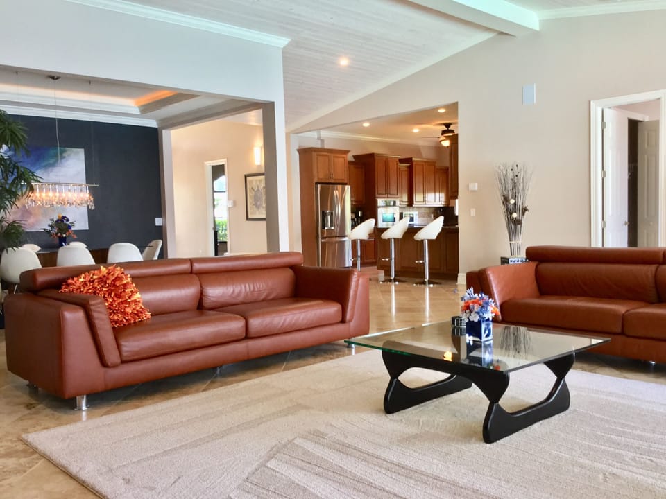 Great Room with beamed wood ceiling & LED lighting