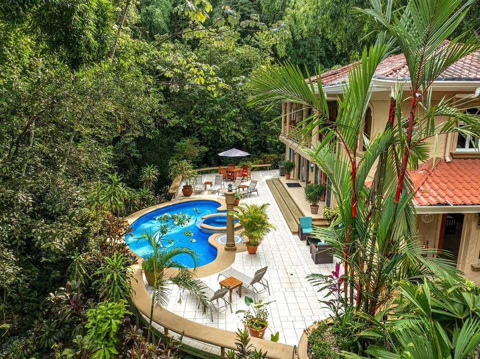 From above, the property reveals its secluded setting surrounded by vibrant jungle
