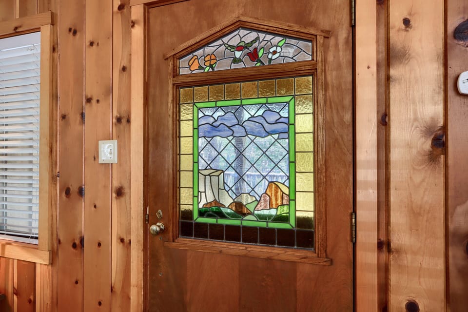 Stain glass door to the deck