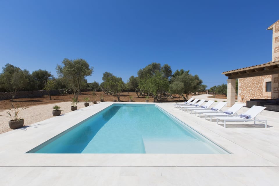 pool and terrace with 8 lounge chairs, overlooking the private country side