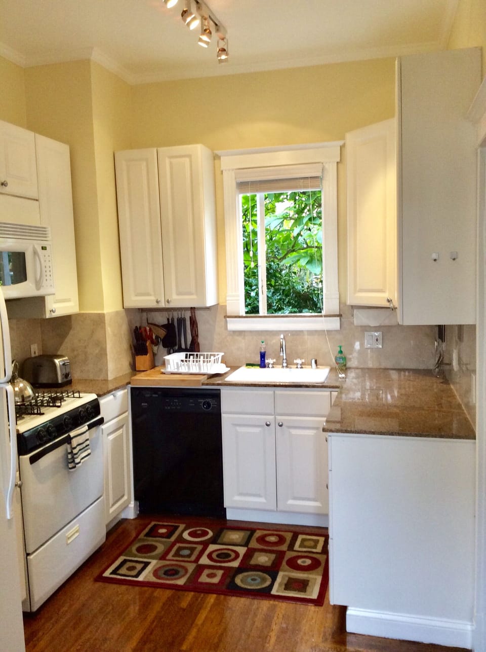 Kitchen with dishwasher, 30” Gas range, and built in microwave 