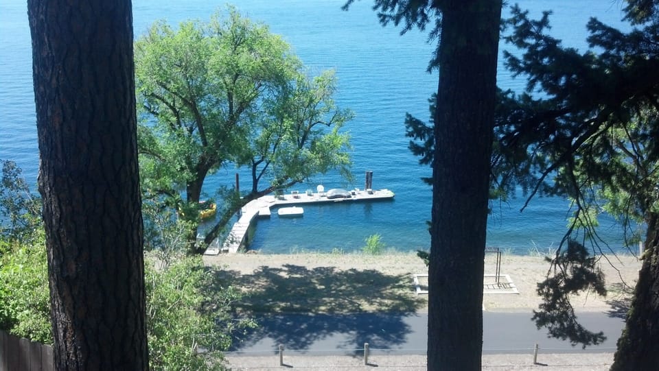 view of trail and dock from house