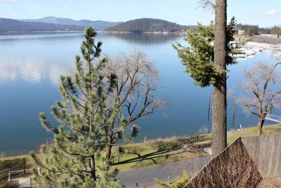 view of trail and lake from deck