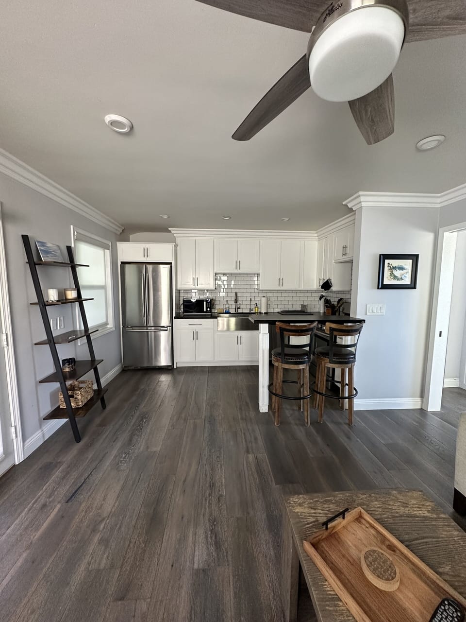 view from couch into kitchen
