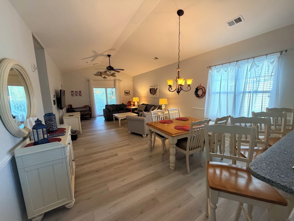 Cathedral ceiling makes the entire living room/dining area feel even bigger.