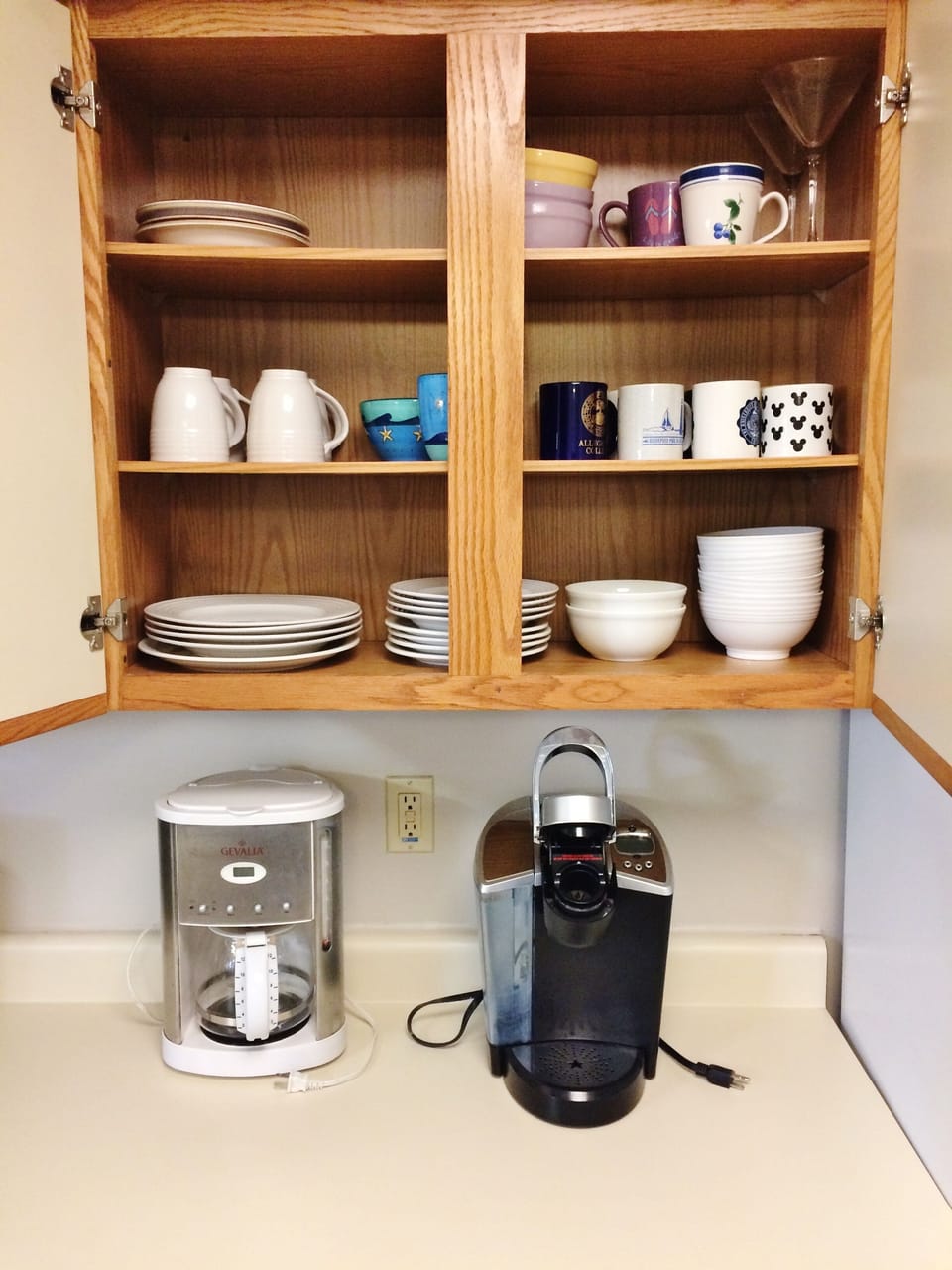 equipped with: dishes, pans, utensils, Keurig, traditional coffee pot, stemware