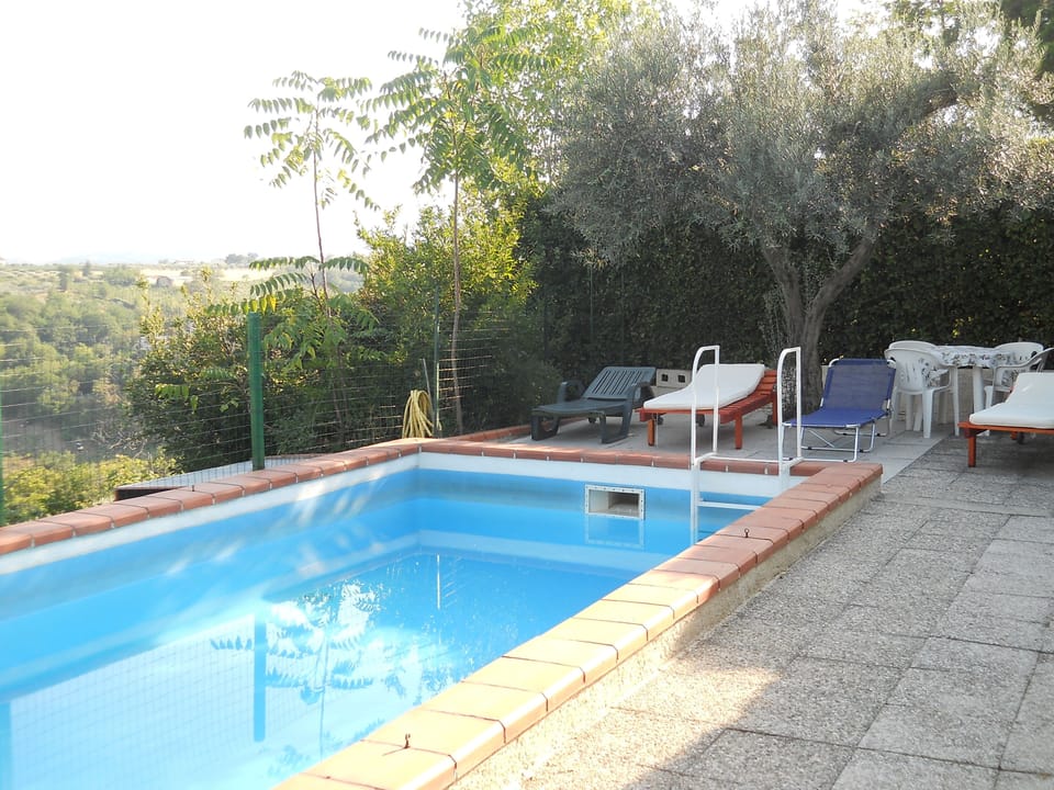 the large swimming pool with long chair and shower,total privacy