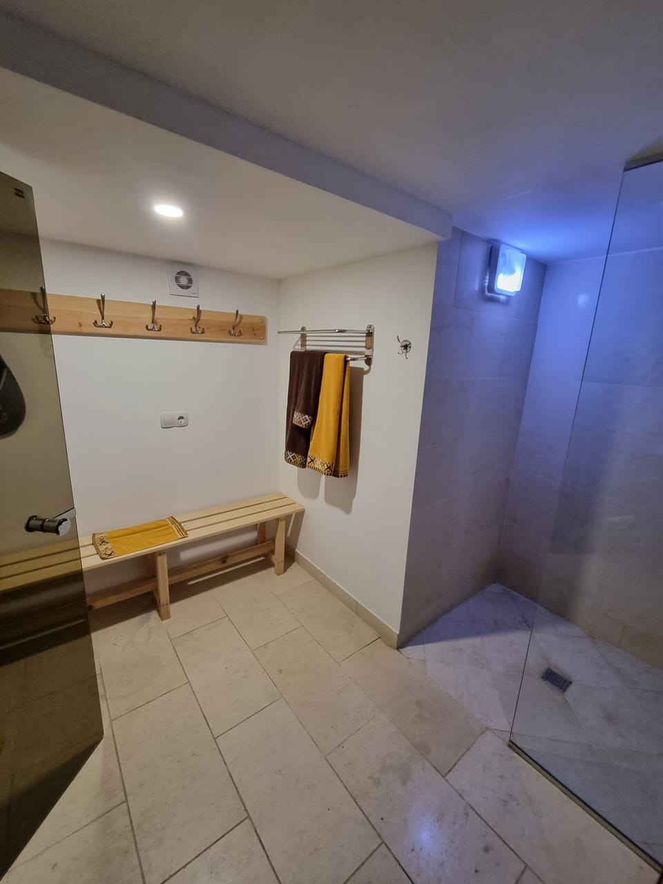 Sauna changing room with step in shower