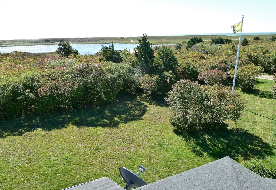 View from roof of Chilmark POnd and barrier beach dunes 