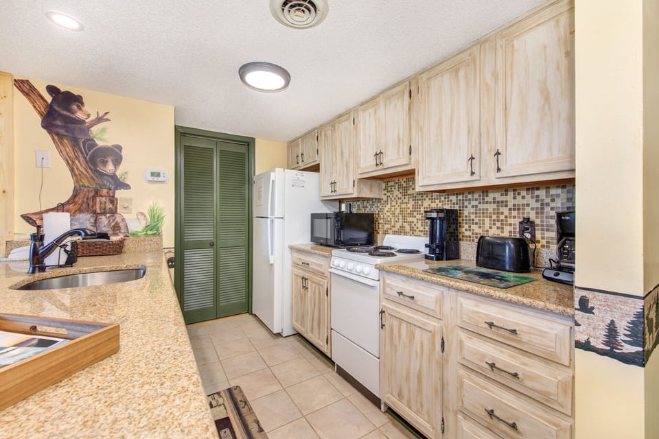 Our kitchen is fully equipped with pots and pans and dishes and all utensils.