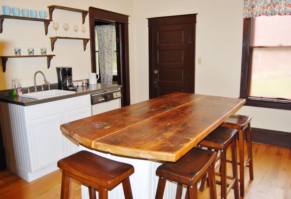 The kitchen. Locally roasted coffee is ready for you to brew.