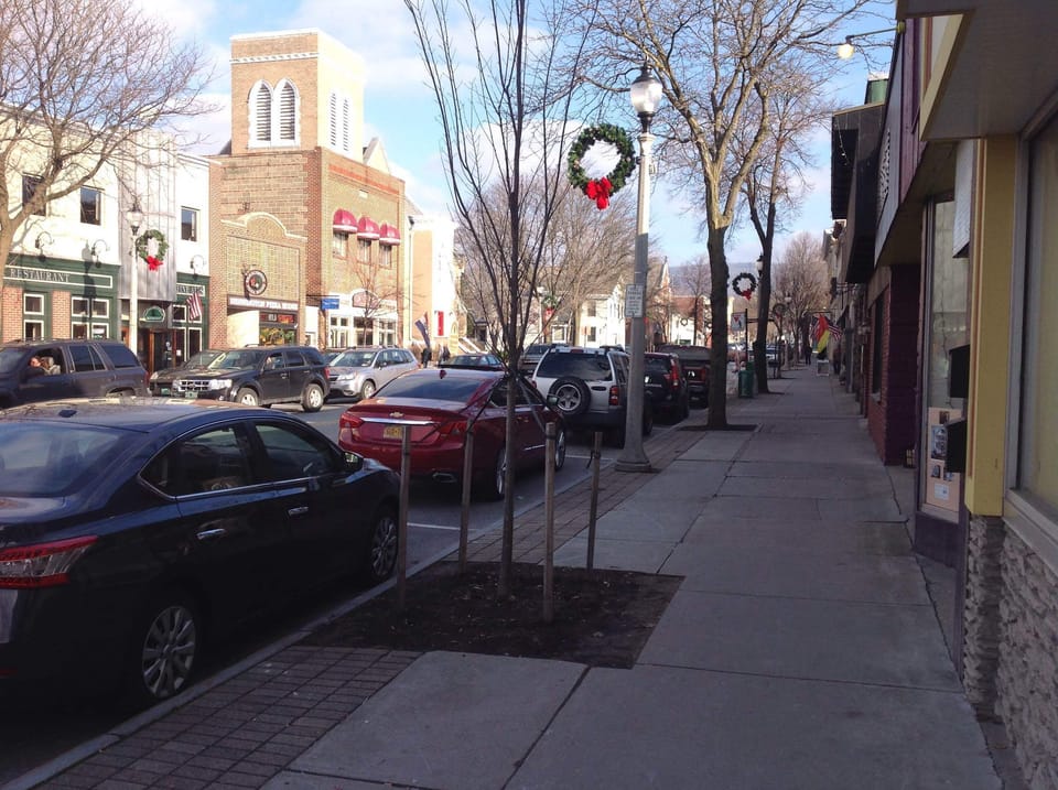 View from front door, Downtown Bennington's Main Street, VT Rte 9, looking east.