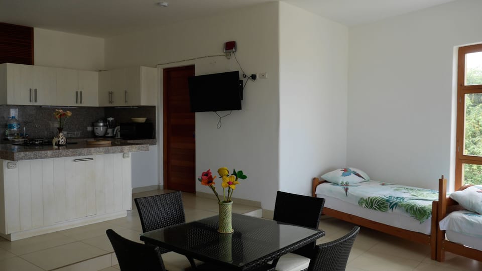 Part of the kitchen island and living room