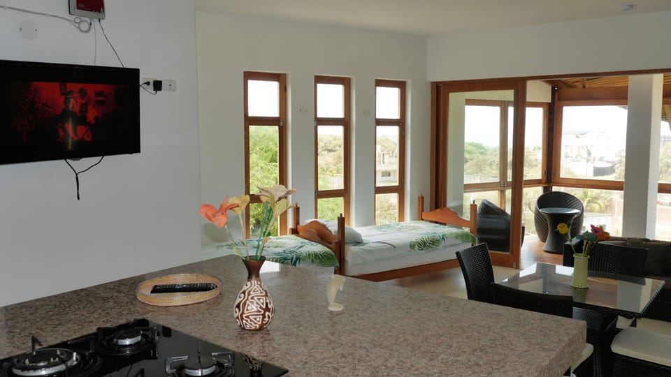 Part of the kitchen island and living room