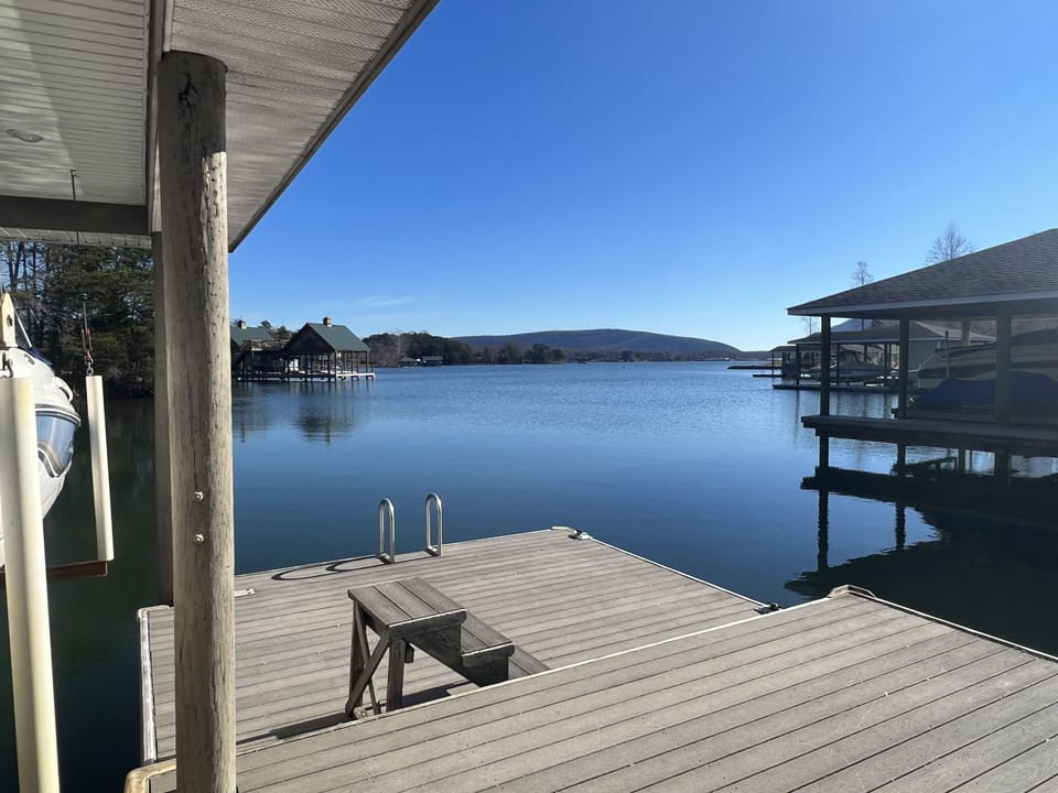 View of the lake and mountains from the dock.