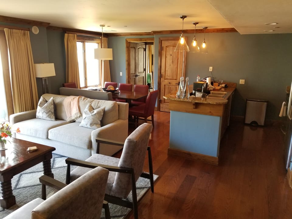 Family room looking to kitchen and dining room