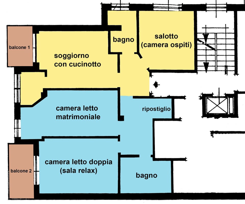 Apartment layout (day area in yellow, night area in blue, balconies in brown)
