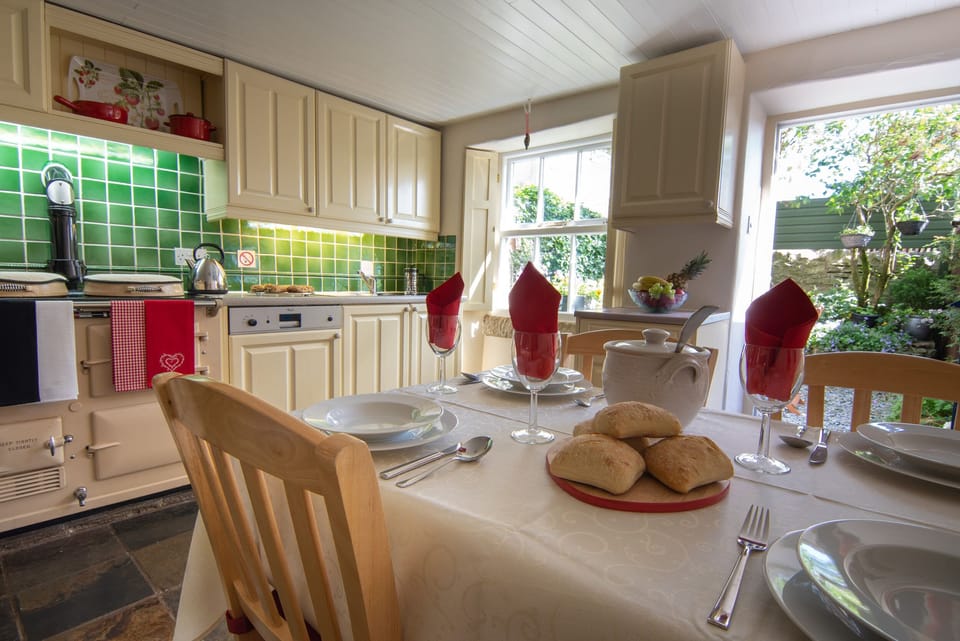 The sunny kitchen looking out onto the garden