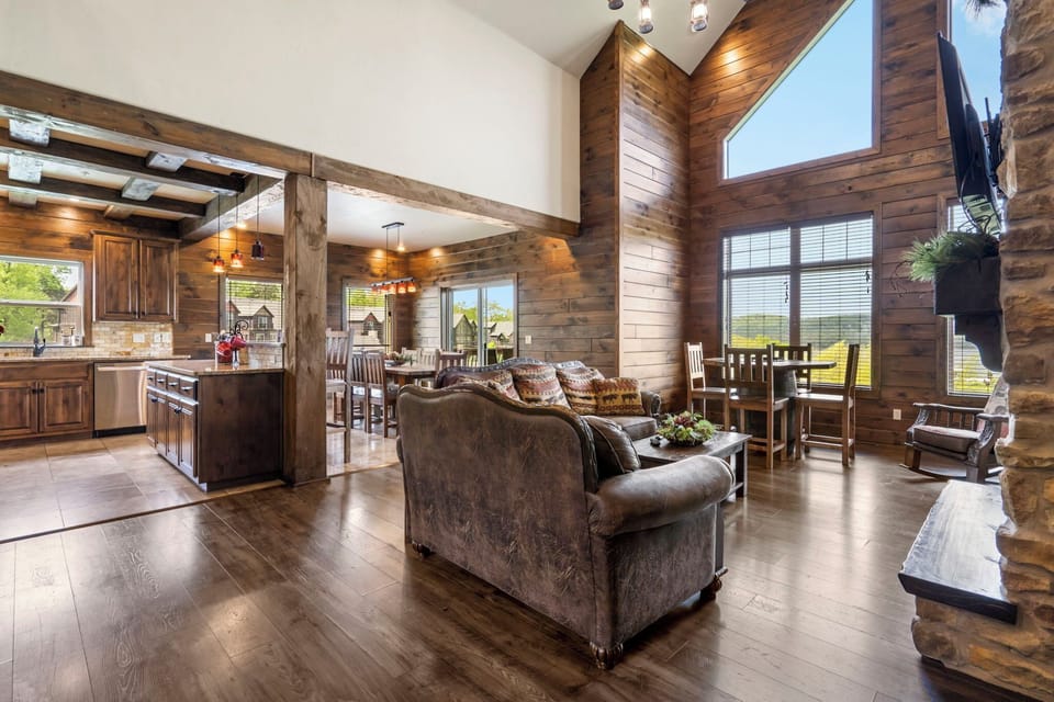 Comfortable, spacious living room, open to the kitchen and dining area.