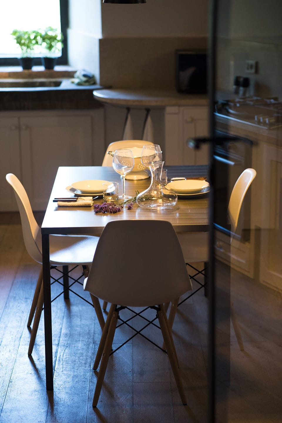 The beautifully redone kitchen leads to the stairway of the tower.