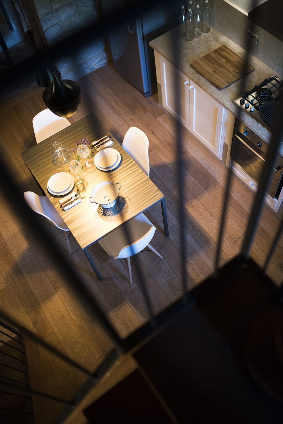 A birds eye view of the kitchen from the tower steps.