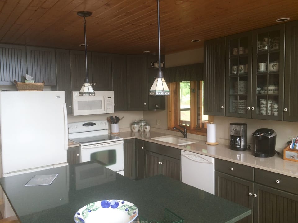 Kitchen area with granite island