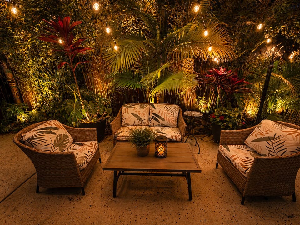 Cozy lounge with string lights - ideal for evening hangouts