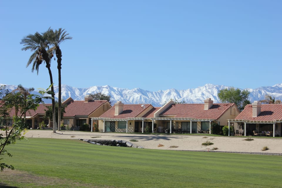 View of snow-capped San Jacinto Mountains from the westward facing back patio